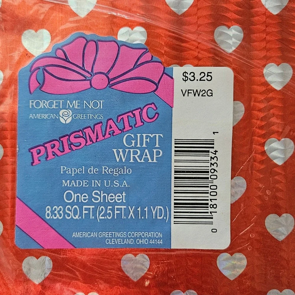 Vintage American Greetings Prismatic Gift Wrap Red Silver Holographic Hearts NEW